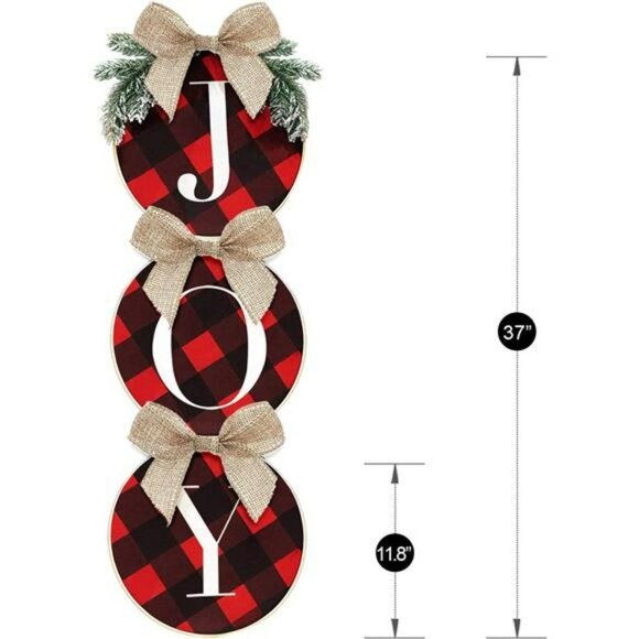 Joy Sign - Buffalo Check Plaid Wreath for Front Door - Wooden Holiday Decoration - Picture 3 of 6